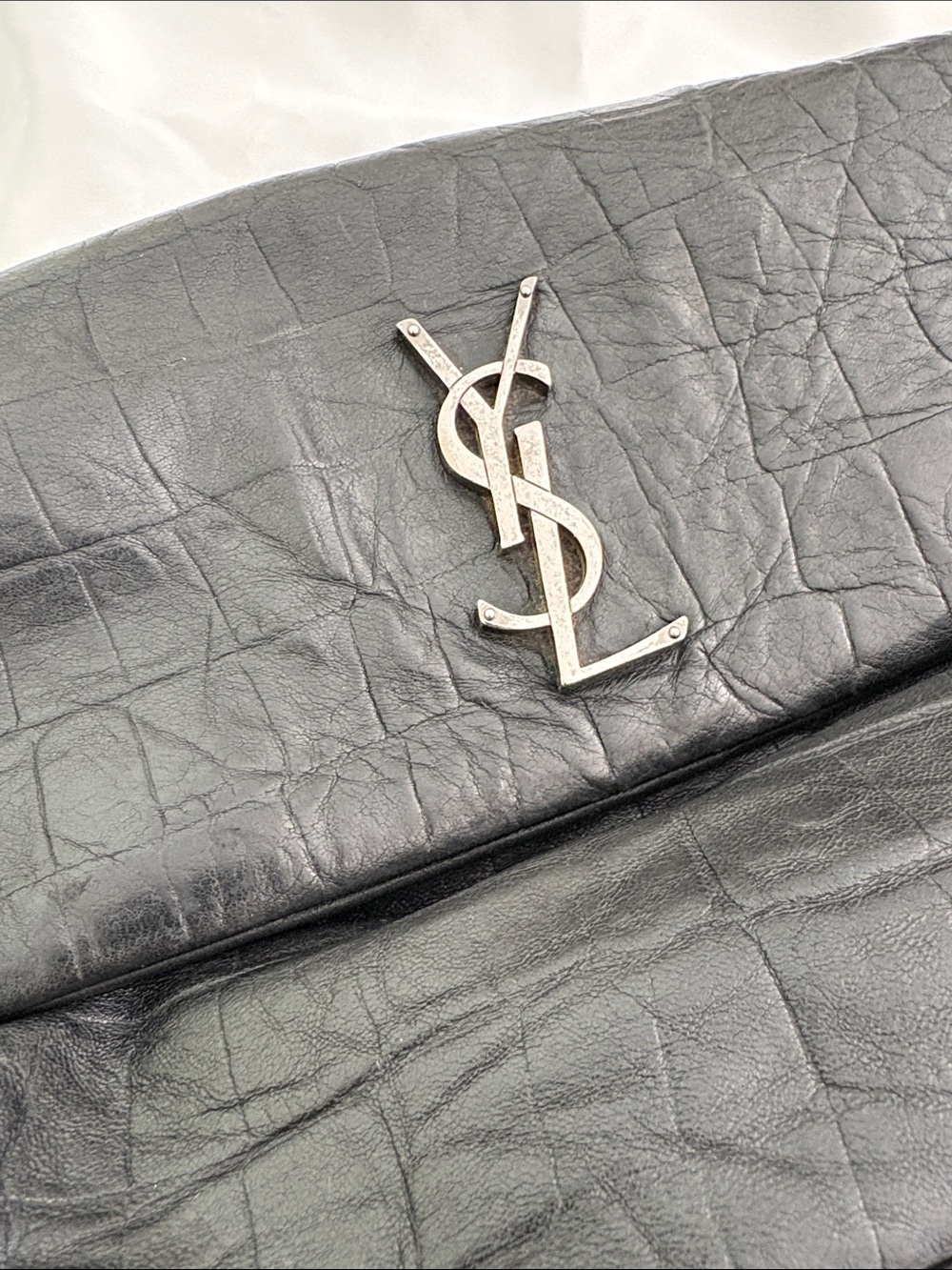 Saint Laurent Black Croc-Textured Leather Shoulder Bag with Silver YSL Hardware - Picture 2 of 10